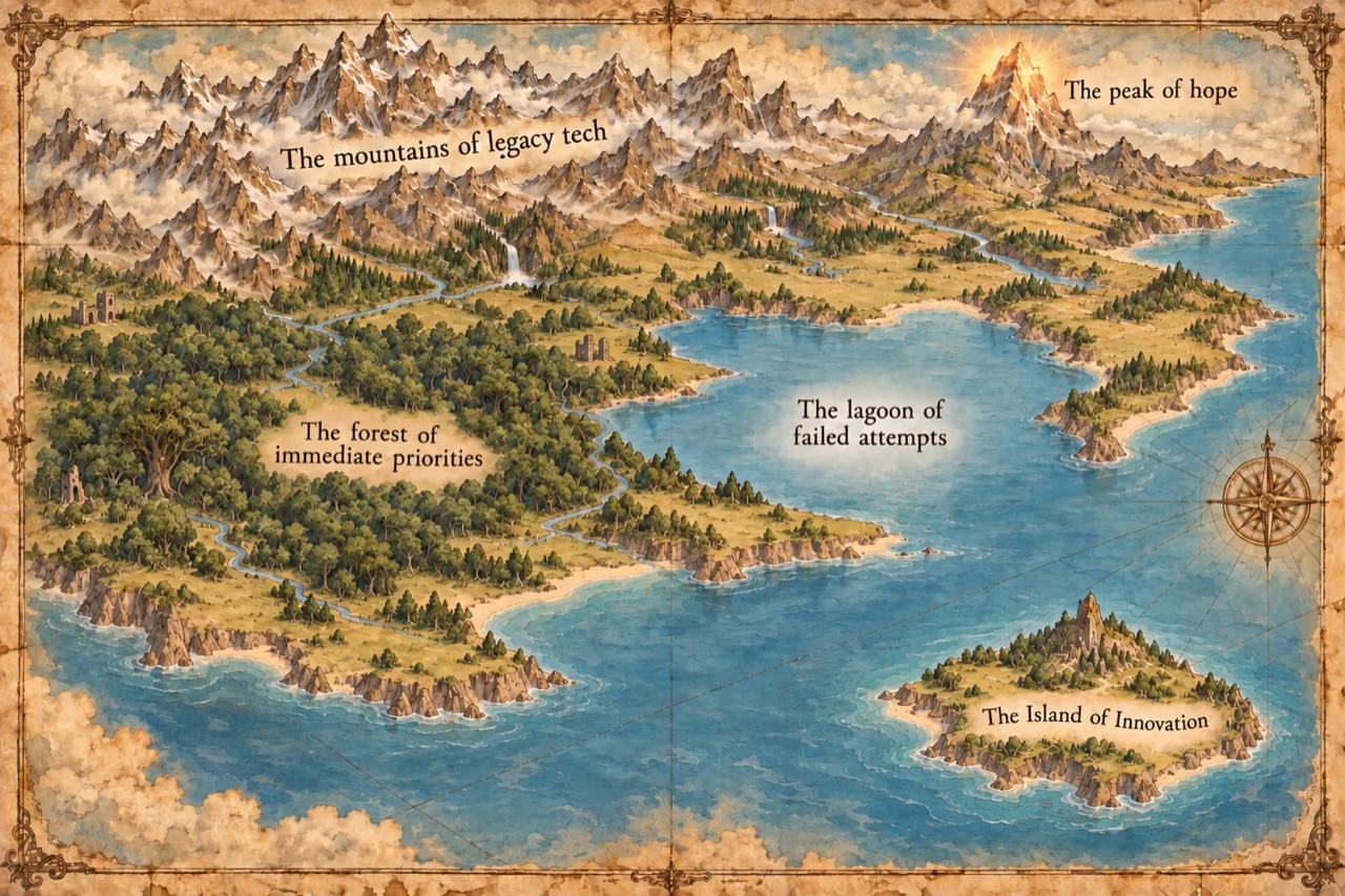 An old-style fantasy map with regions labelled the mountains of legacy tech, the peak of hope, the forest of immediate priorities, the lagoon of failed attempts and the Island of Innovation